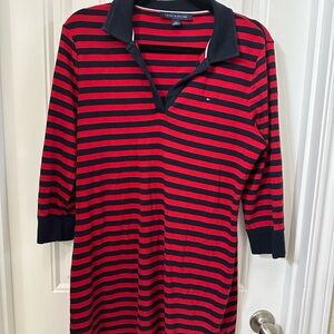 Tommy Hilfiger Red and Black Striped Polo Top